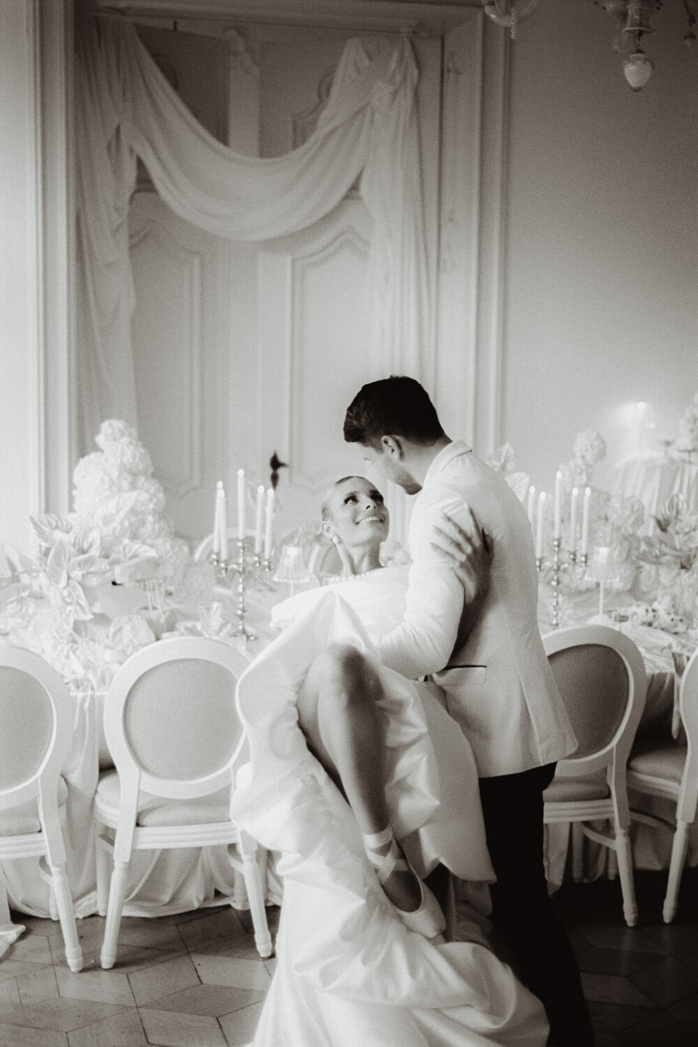 Analog film wedding photograph capturing a quiet dance moment indoors