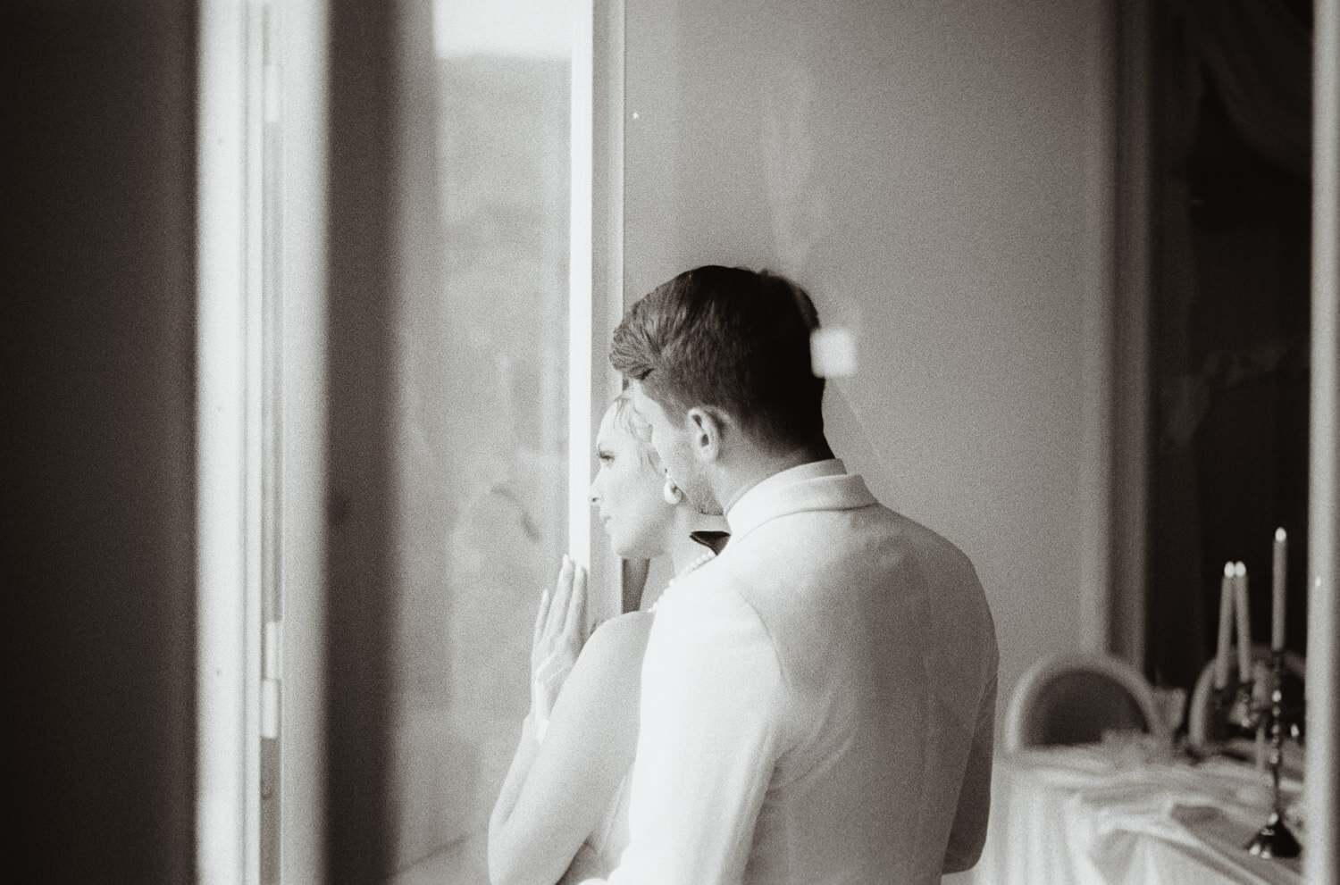 Quiet wedding moment captured on black and white film