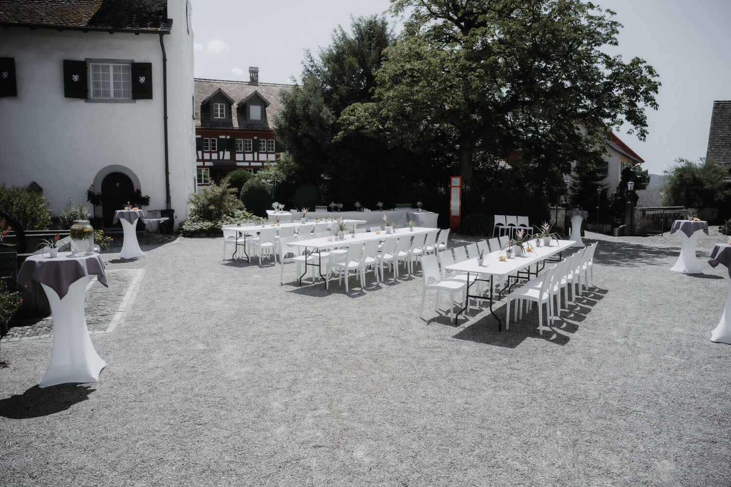Wedding reception setup at a historic venue in Switzerland